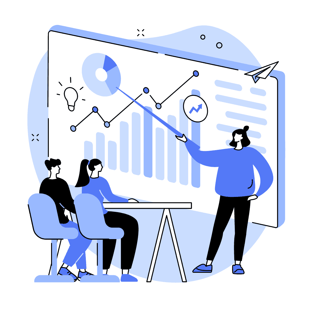 An illustrated graphic of someone presenting data to an audience using a slideshow.
