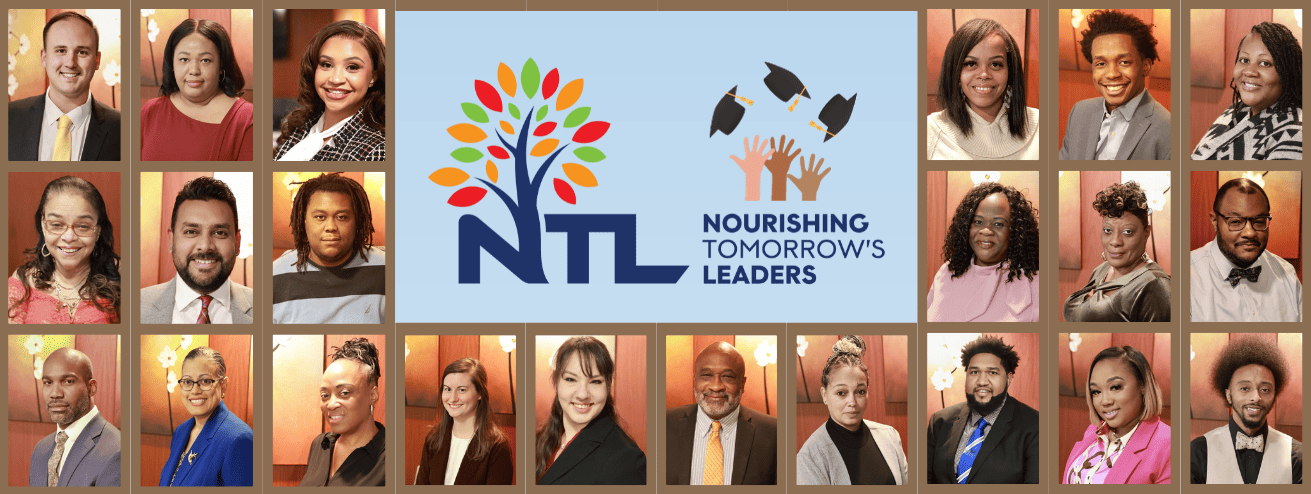 The Nourishing Tomorrow's Leaders logo on a light blue background framed by headshots of the 2023 graduates.