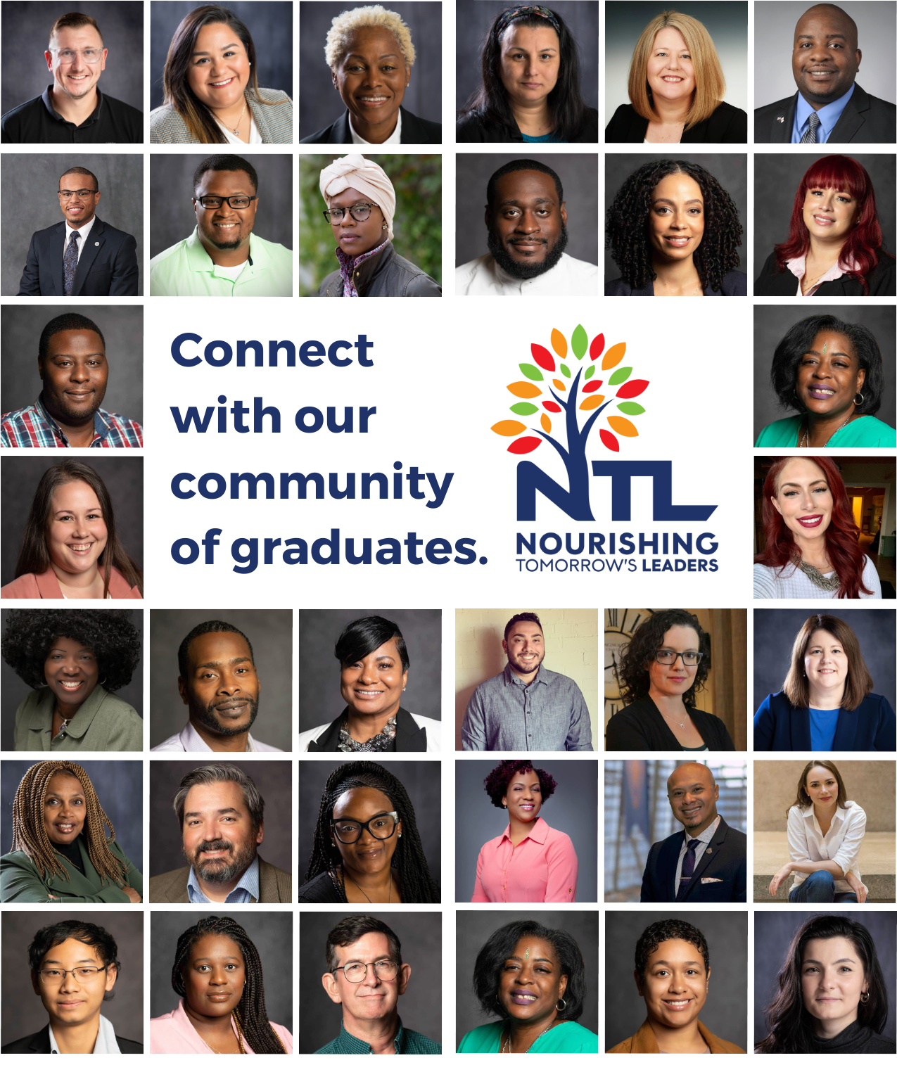 The Nourishing Tomorrow's Leaders logo on a light blue background framed by headshots of the 2023 graduates.