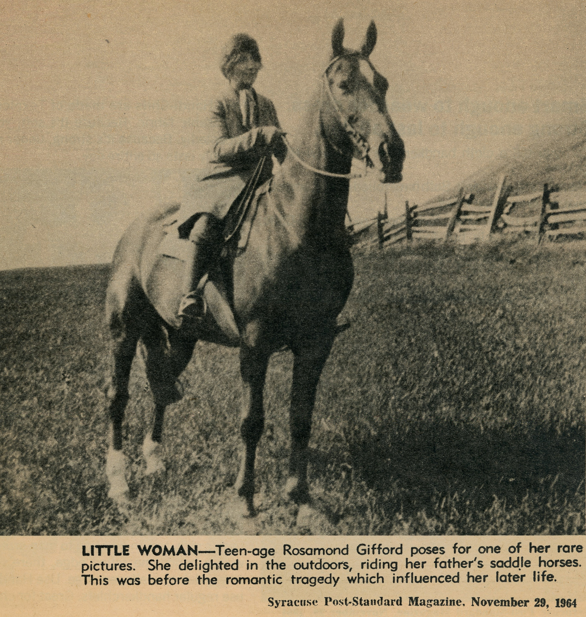 A clipping from a 1964 news article that has a picture of Rosamond Gifford on a horse in a prairie setting.