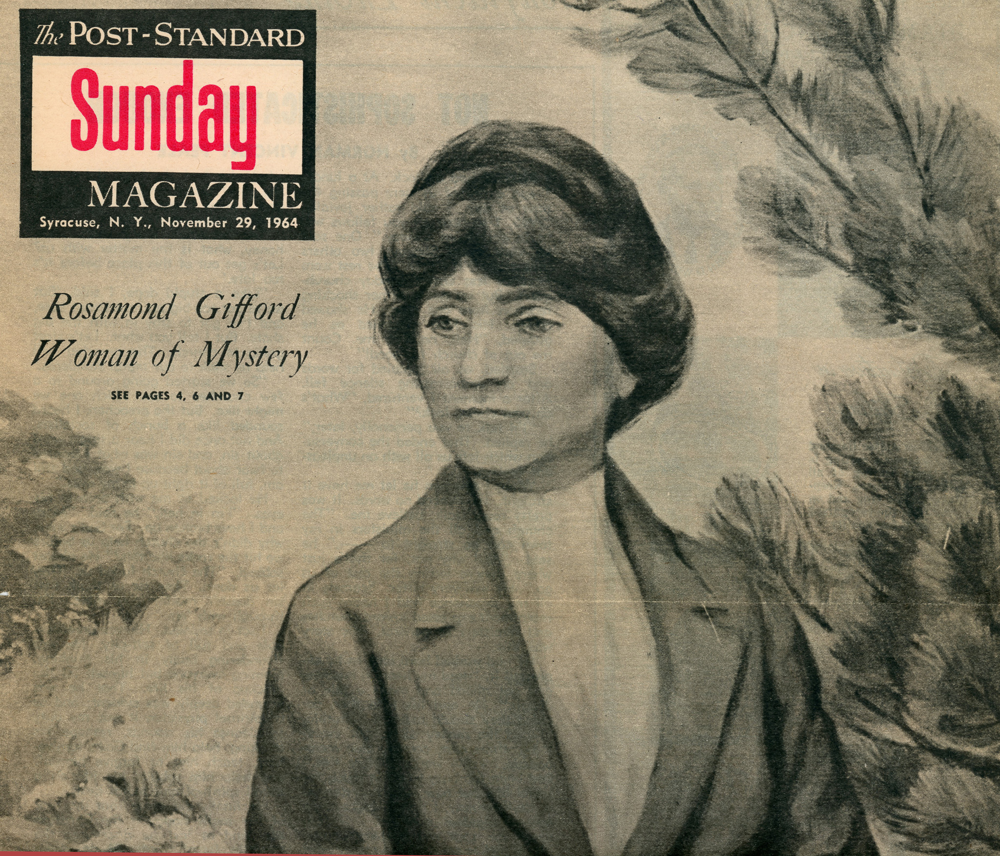 A newspaper clipping from the Post Standard Sunday Magazine from November of 1964 that features a portrait of Rosamond Gifford.